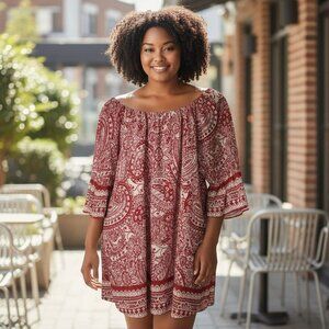 Umgee Womens Red & White Paisley 3/4 Sleeve Dress 1XL Cotton Blend